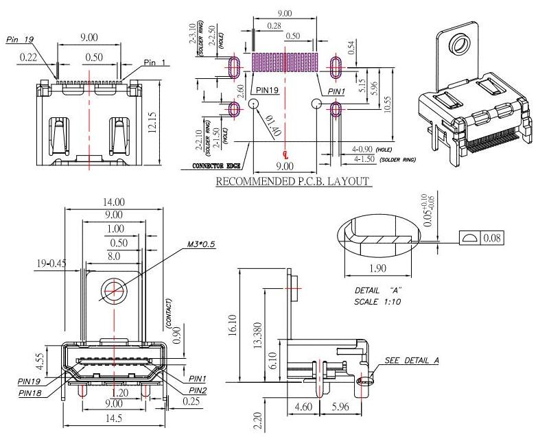 帶耳朵HDMI接口19P,19針高清HDMI母座 SMT 無柱,孔高H:13.28mm/HDMI-A-2規格圖