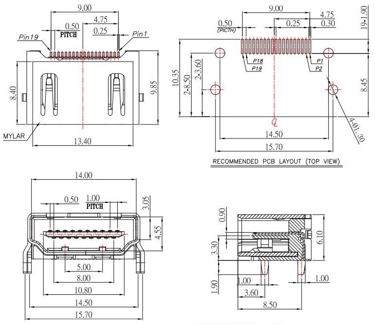 HDMI母座短體19針,超短HDMI插座L:12mm/ 超薄HDMI插孔19P/HDMI-A-3規格圖