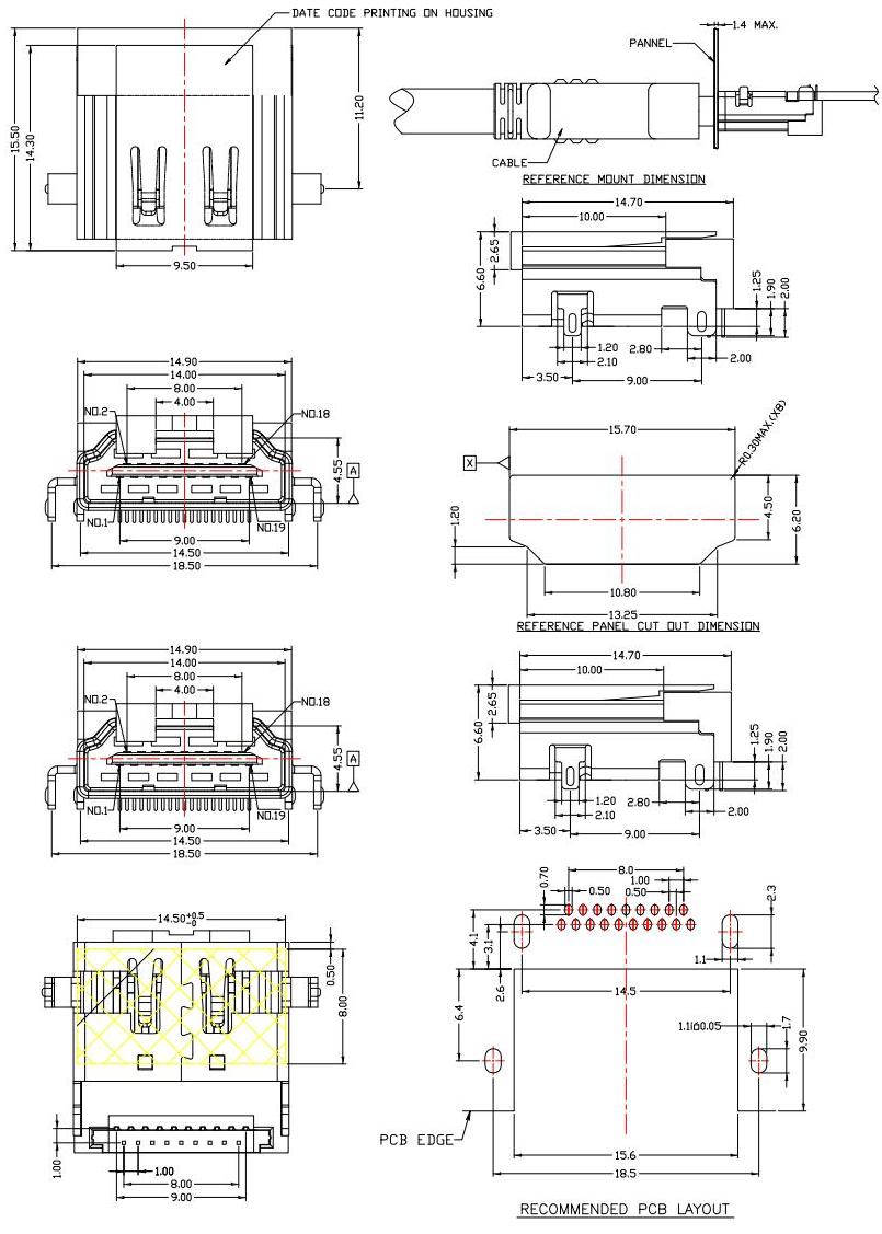 hdmi jack 反向,DIP 沉板/19腳HDMI 插座 HDMI-A-6規格圖