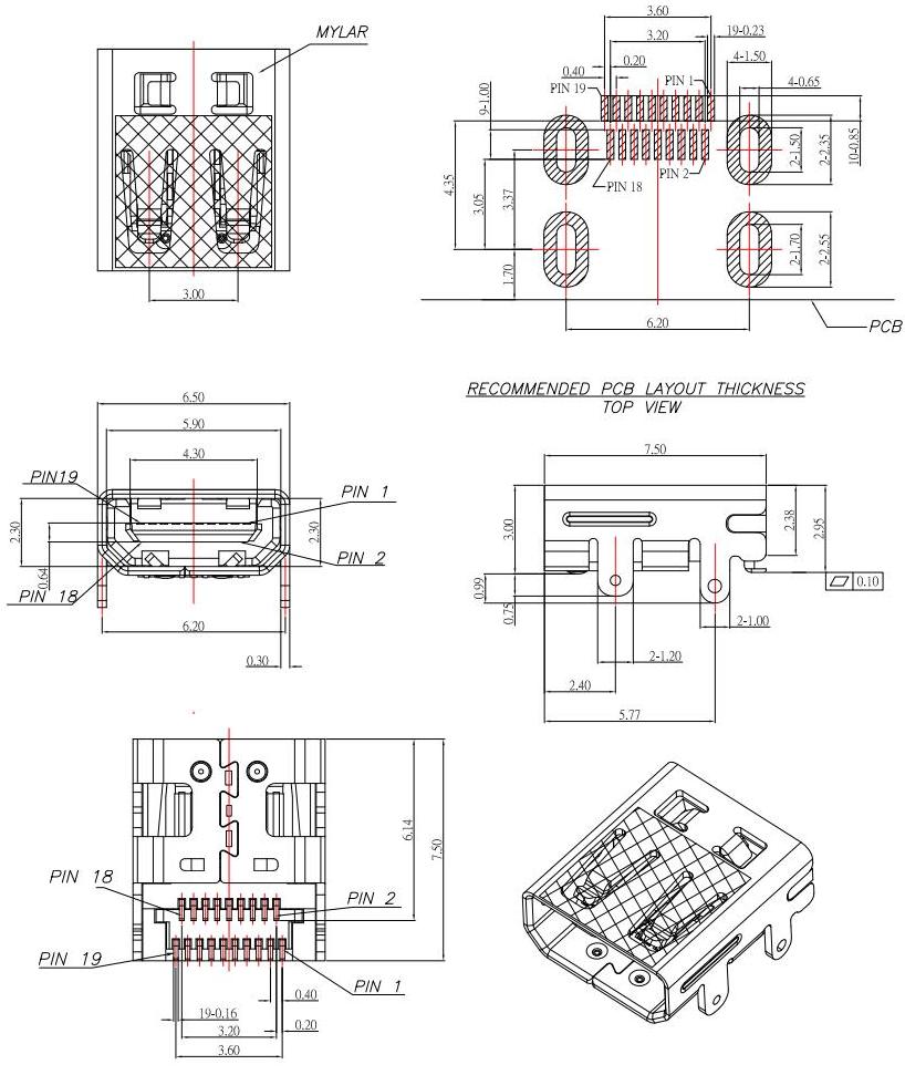 HDMI JACK D TYPE,雙排HDMI插座貼片SMD ,HDMI母座外殼4腳插板  HDMI-D-1規格圖