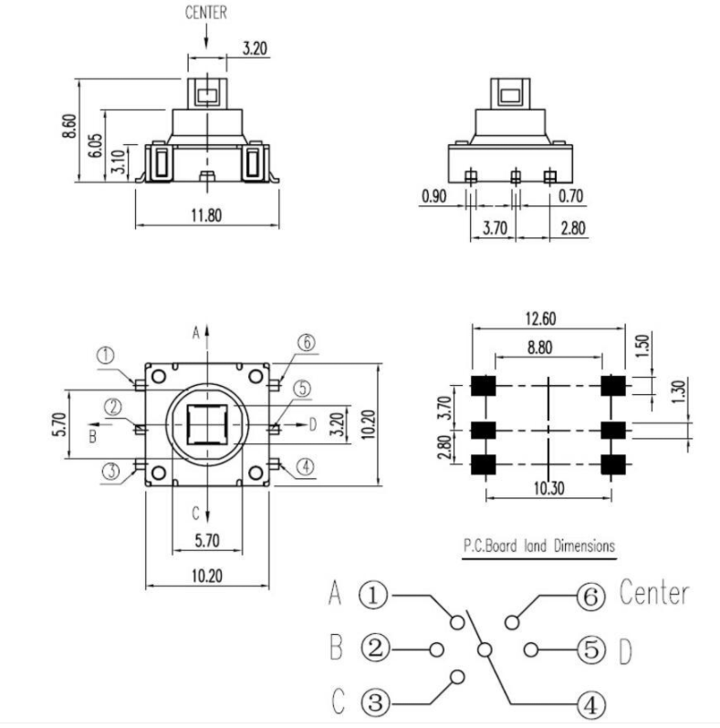 五向開關尺寸規格圖