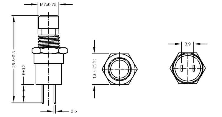 Φ7mm高平圓形金屬按鈕開(kāi)關(guān)尺寸圖