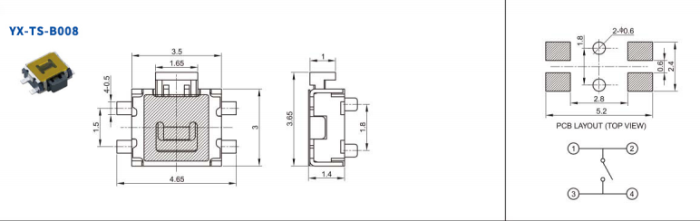 3.5*3小烏龜四腳輕觸開關電路圖 3.5*3小烏龜四腳輕觸開關電路圖