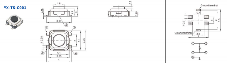 3.35*3.35四腳輕觸開關電路圖 3.35*3.35四腳輕觸開關電路圖